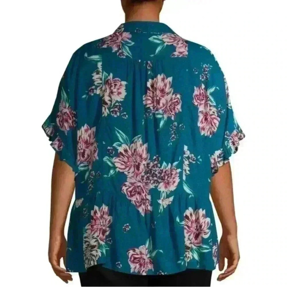 Terra Sky Women’s Plus Teal Floral Peplum Button Up Top Comfy 1X (16W-18W) - Picture 2 of 8
